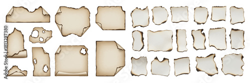 Set of vintage aged paper scraps with burnt edges and curled corners isolated on white background