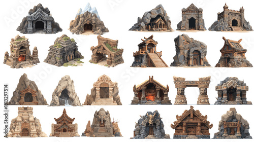 A dramatic collection of fantasy cave entrances and ancient stone temples featuring rocky gateways, firelit interiors, mountain structures, and rustic mystical architecture.