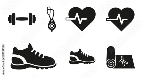Dynamic fitness icons including dumbbell, heart rate, running shoes, and yoga mat symbolizing health, exercise, and active lifestyle pursuits.
