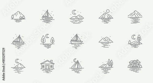Serene minimalist icons capture tranquil nature scenes mountains sailboats trees moon and houses perfect for modern design projects seeking peace