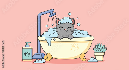A cute cartoon gray cat is enjoying a bubbly bath under a shower, with shampoo and a plant nearby, perfect for pet care themes.