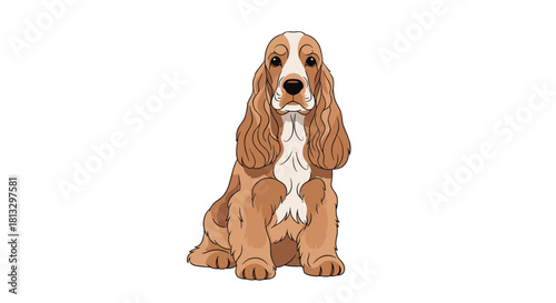 A cartoon-style brown and white Cocker Spaniel dog sits calmly on a white background, looking directly at the viewer with a sweet expression.