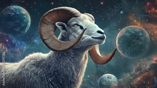 Ram with Horns in Front of Planets