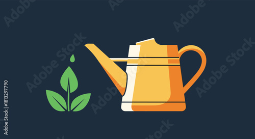 A stylized graphic of a golden watering can providing water to a young green plant against a dark background, symbolizing care, growth, and nature.