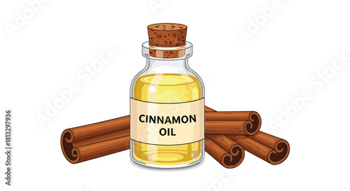 A clear glass bottle filled with golden cinnamon essential oil, sealed with a cork, stands amidst a scattering of aromatic cinnamon sticks.