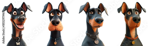 Expressive cartoon Doberman dogs with various facial expressions, Isolated on Transparent Background