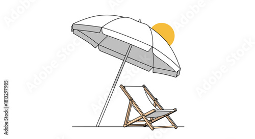 A minimalist line art illustration features a beach umbrella and a deck chair under a yellow sun, symbolizing summer relaxation and vacation.
