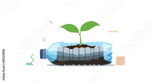 A vibrant green seedling sprouts from rich soil inside a repurposed plastic bottle, symbolizing innovative recycling and environmental care.