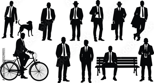 Set of diverse businessmen and professional men silhouettes, engaging in various daily activities like walking, cycling, and waiting, for corporate and lifestyle design projects, isolated on white.