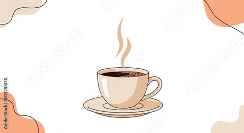 A comforting and warm illustration of a steaming cup of coffee on a saucer, complemented by soft, abstract shapes in cozy earth tones.