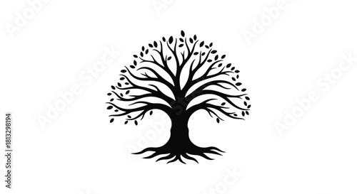 Stylized black tree with spreading branches and visible roots against a white background, symbolizing growth and nature.