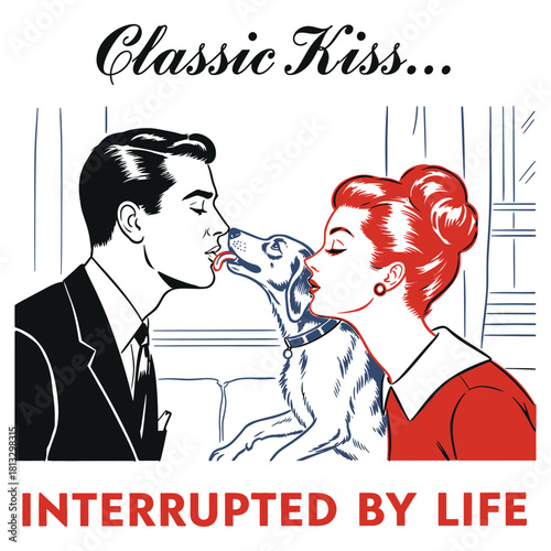Vintage Comic Couple Kiss Interrupted by Dog Licking Face Vector