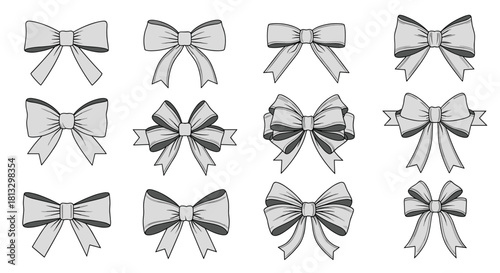 A collection of various detailed decorative ribbon bows in different shapes and styles, rendered as monochrome line art.