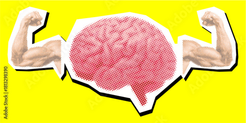 Brain and Strong Arm Halftone Dotted Collage Element Pointillize in Paper Torn Vector Ideal for graphics representing intelligence, effort, mental health, strength, or overcoming challenges