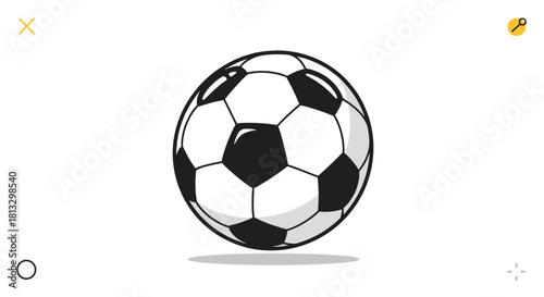 A classic black and white soccer ball illustration, rendered in a clean cartoon style, isolated on a bright white background, perfect for sports themes.