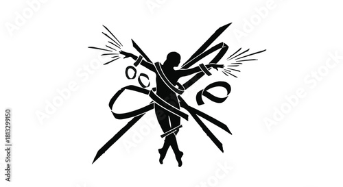 Silhouette of a person struggling, bound by ribbons and lines, with explosive bursts emanating from their hands, symbolizing overcoming obstacles.