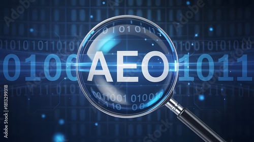 A magnifying glass focuses on the acronym aeo against a backdrop of glowing blue binary code, representing digital data analysis, security, and compliance