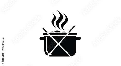 No cooking symbol with steam rising from a pot and crossed utensils