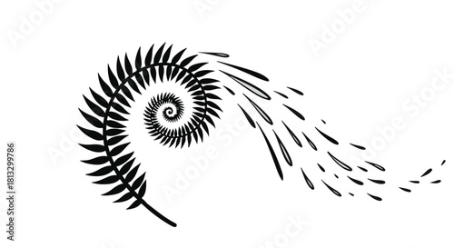 Elegant fern frond unfurling into a dynamic spiral of abstract shapes, symbolizing growth and nature's patterns.