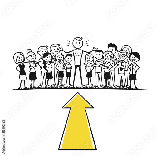 A happy leader stands before a diverse group of people, with a yellow arrow pointing upwards in a motivational illustration.