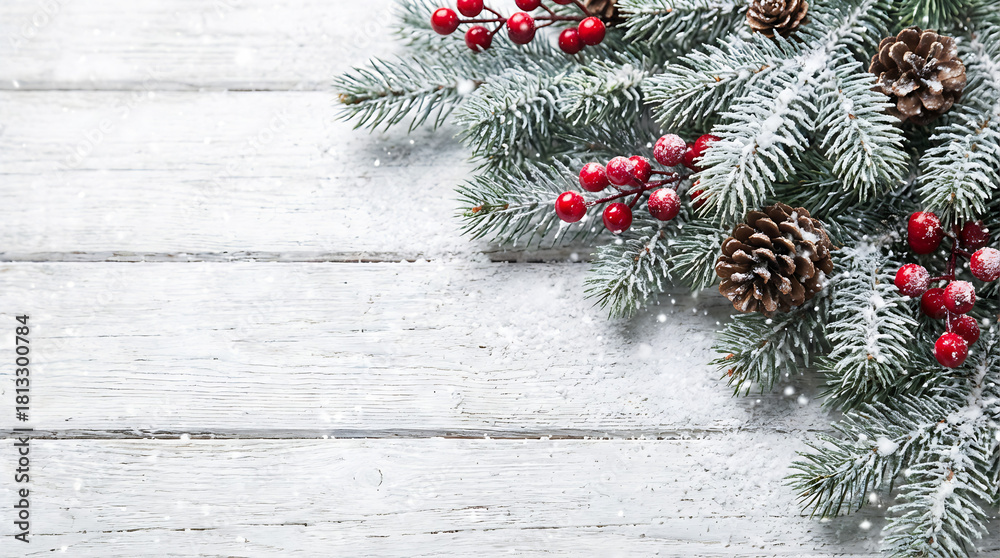 Christmas and New Year background with fir branches and snowfall on wooden white board