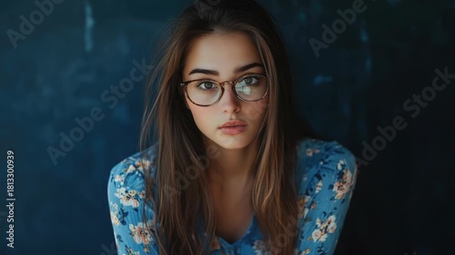 Woman with glasses and floral shirt