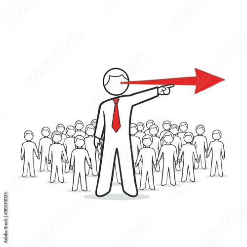 A leader with a red arrow pointing forward guides a group of people towards a specific goal or direction, symbolizing leadership.
