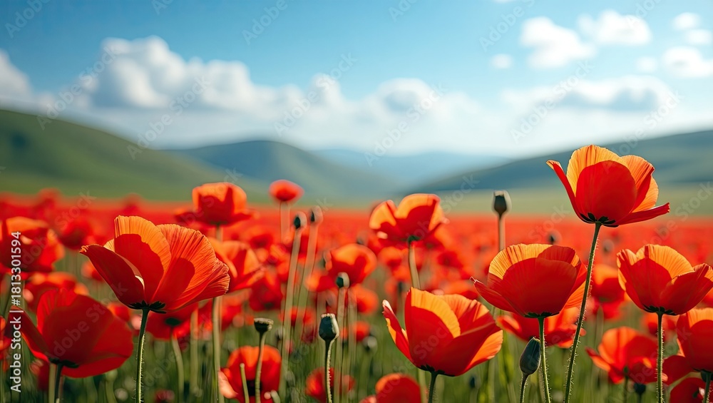 Naklejka premium Vibrant field filled with numerous vivid red poppies blooming gracefully, bathed in warm sunlight beneath a clear blue sky dotted with soft white clouds, mountains stand serenely in the distance...