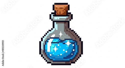 Pixel art magic potion bottle with sparkling blue liquid and cork stopper, isolated on