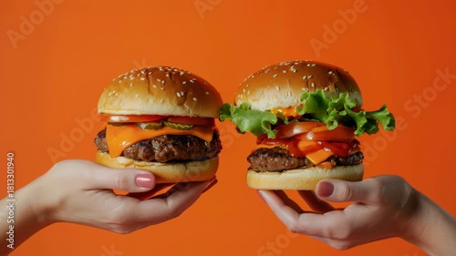 Hands holding hamburgers with lettuce and tomato