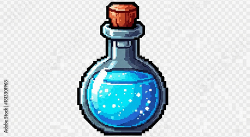 Pixel art illustration of a round glass potion bottle filled with glowing blue liquid and sealed with a cork, perfect for fantasy game assets