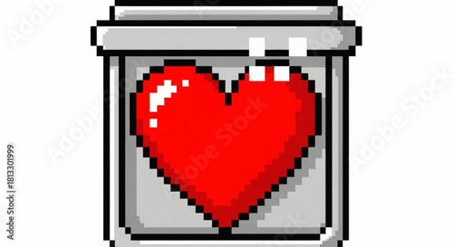 Pixel art illustration of a red heart inside a gray trash can or waste bin, representing deleted favorite or lost love, isolated on