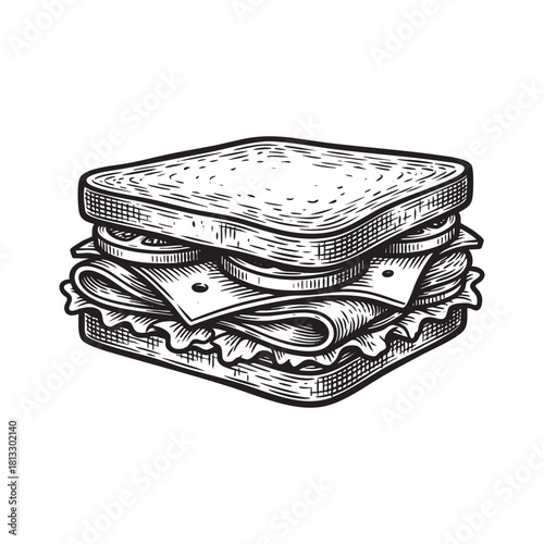 Deli Ham Cheese Sandwich Layered Engraving Vector Illustration