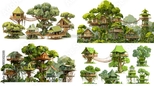 A vibrant collection of treehouse village illustrations featuring wooden cabins, rope bridges, elevated platforms, and lush forest architecture in a natural eco style.