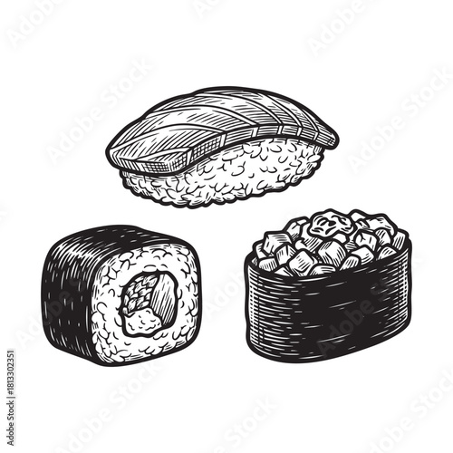 Japanese Sushi Maki Nigiri Engraving Vector Illustration