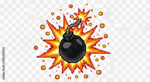 Pixel art illustration of a classic black round bomb with a lit fuse exploding with bright orange and yellow sparks, isolated on