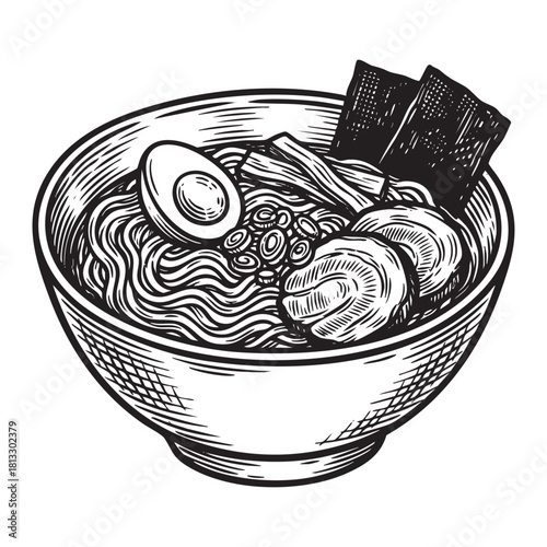 Japanese Ramen Noodle Bowl Food Engraving Vector Illustration