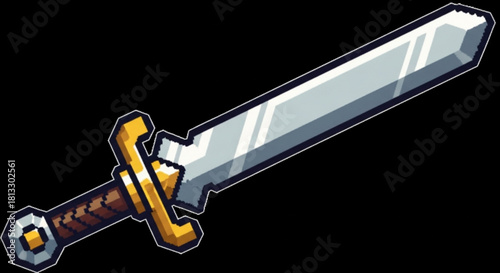 Pixel art style broadsword with a golden hilt and brown leather wrapped grip, isolated on a, perfect for game asset