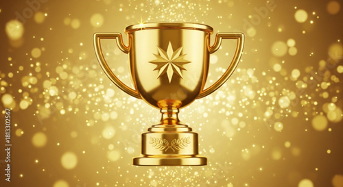Golden achievement trophy cup with star emblem centered against a sparkling bokeh background symbolizing victory, success, and award ceremony
