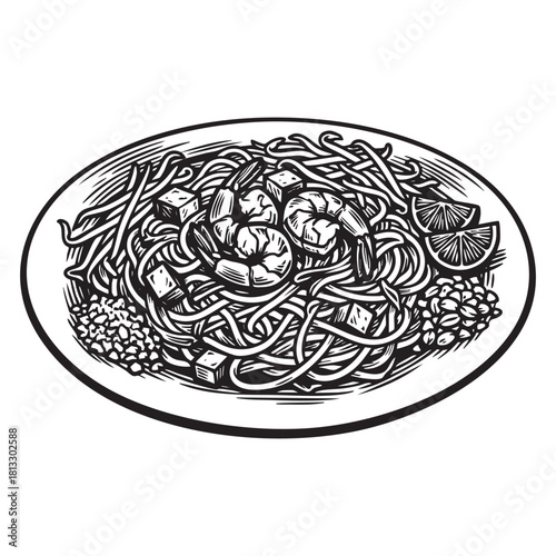 Plate of Shrimp Pad Thai Noodles Engraving Vector Illustration