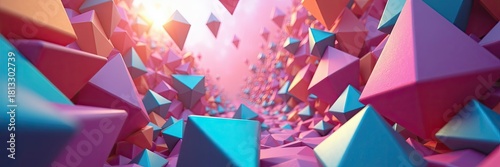 Dynamic arrangement features a vibrant assortment of geometric shapes cascading towards a light source creating a colorful and abstract composition.