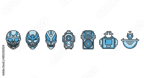 Set of futuristic mask and equipment isolated on white background