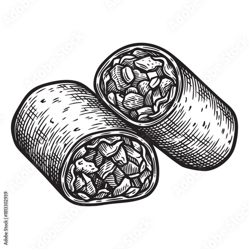 Rolled Mexican Burrito Food Engraving Vector Illustration