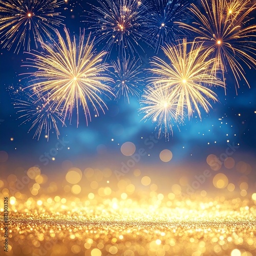 new year's eve night sky with fireworks, soft bokeh in foreground, wide empty space