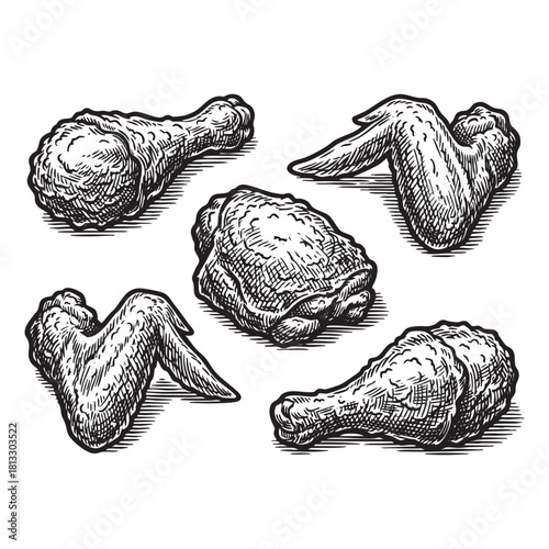 Fried Chicken Pieces Fast Food Engraving Vector Illustration