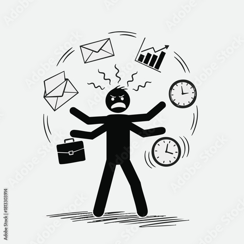 A stressed person with multiple arms juggles work-related items, symbolizing the pressures of multitasking and overwhelming responsibilities.