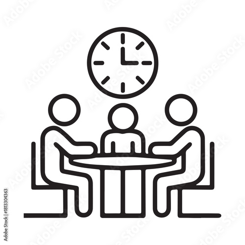 People meeting around a table with a clock overhead