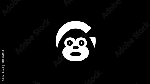 Minimalist black and white graphic design featuring a stylized monkey face integrated with the letter G on a dark background.