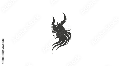 Stylized profile illustration of a powerful female figure with flowing hair, wearing an intricate horned headdress or helmet, mythical warrior concept.
