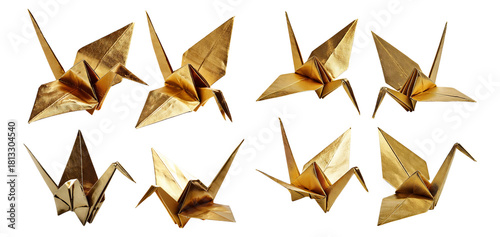 Elegant Golden Origami Cranes in Various Poses for Decoration, Isolated on Transparent, white background
